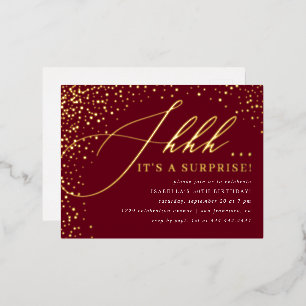 Burgundy & Gold Confetti Script Surprise Party Foil Invitation Postcard