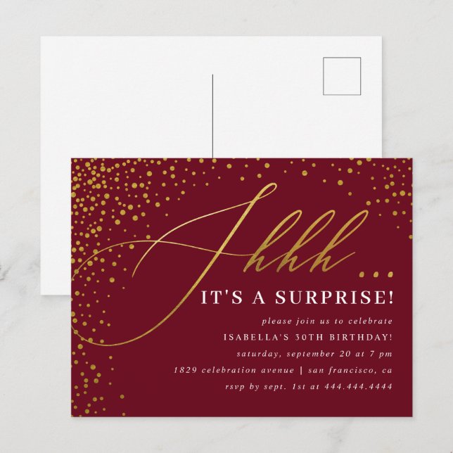 Burgundy & Gold Confetti Script Surprise Party Invitation Postcard (Front/Back)