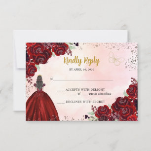 Burgundy Gold Copper Floral Princess Quinceañera RSVP Card