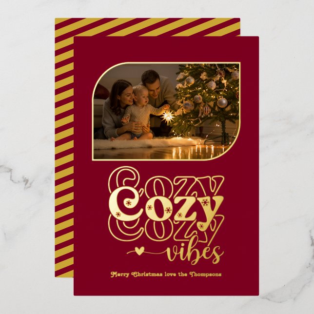 Burgundy & Gold Cosy Vibes Retro Christmas Photo Foil Holiday Card (Front/Back)