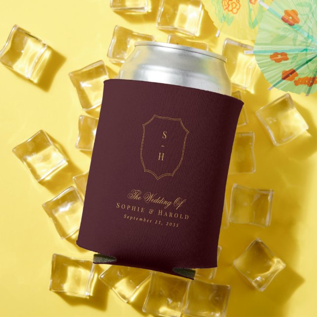 Burgundy & Gold Crest Monogram Wedding Favor Can Cooler (In Situ Summer)