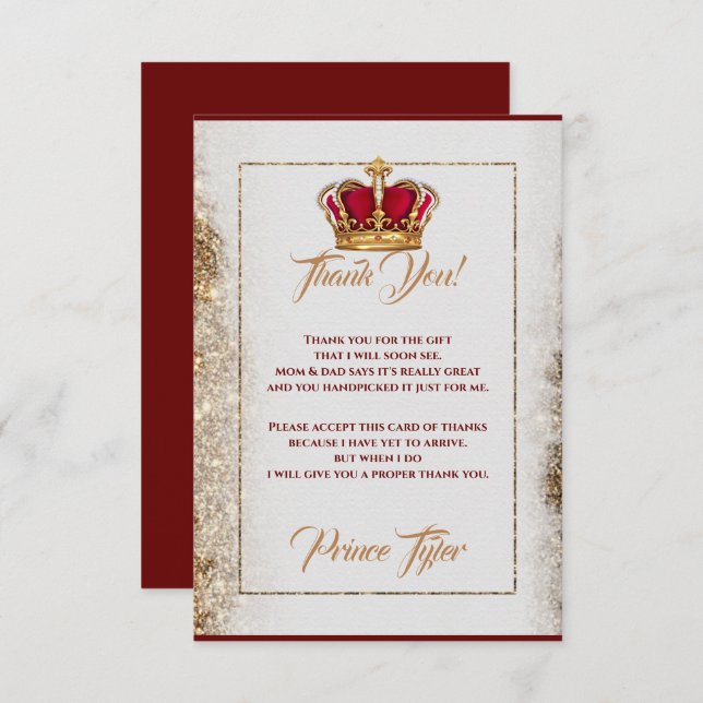 Burgundy & Gold Crown Baby Shower Thank You Card (Front/Back)