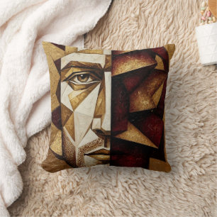 Burgundy Gold Cubist Man - Textured Abstract Cushion