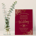 Burgundy & Gold Curls Elegant Calligraphy Wedding Invitation<br><div class="desc">This beautiful wedding invitation features a simple yet elegant design with lacy script calligraphy on a maroon or burgundy red background and frilly gold faux foil filigree in the corners. The wording is formal,  but the layout is modern and stylish.</div>