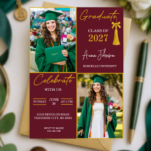 Burgundy & Gold Custom 2 Photo Graduation Party Invitation