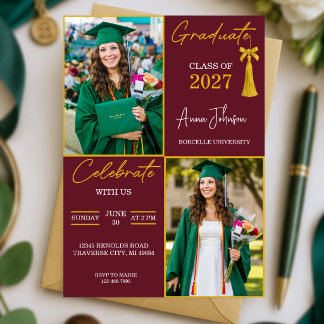 Burgundy & Gold Custom 2 Photo Graduation Party Invitation