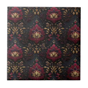 Burgundy Gold Damask Elegance Ceramic Tile