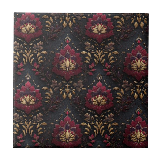 Burgundy Gold Damask Elegance Ceramic Tile (Front)
