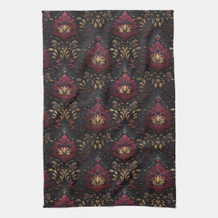 Burgundy Gold Damask Elegance Tea Towel