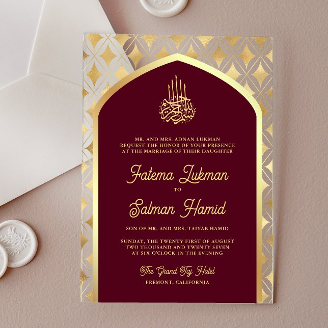 Burgundy Gold Diamonds Arch Muslim Wedding Acrylic Invitations (Creator Uploaded)