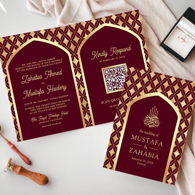 Burgundy Gold Diamonds Arch QR Code Muslim Wedding Invitation (Creator Uploaded)