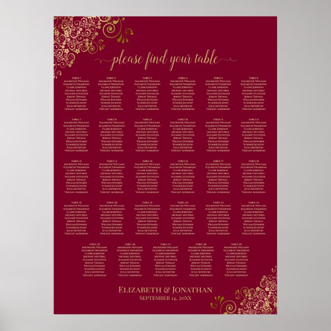 Burgundy & Gold Elegant 29 Table Seating Chart (Front)
