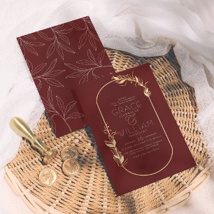 Burgundy & Gold Elegant Botanical Frame Wedding Invitation