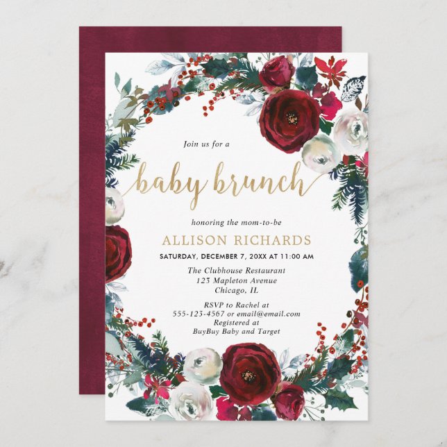 Burgundy gold elegant Christmas brunch baby shower Invitation (Front/Back)
