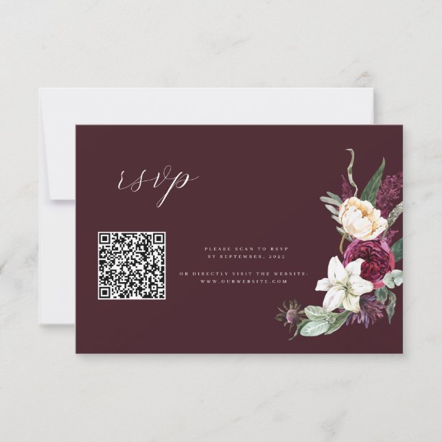 Burgundy Gold- Elegant Floral Luxe wedding QR RSVP Card (Front)
