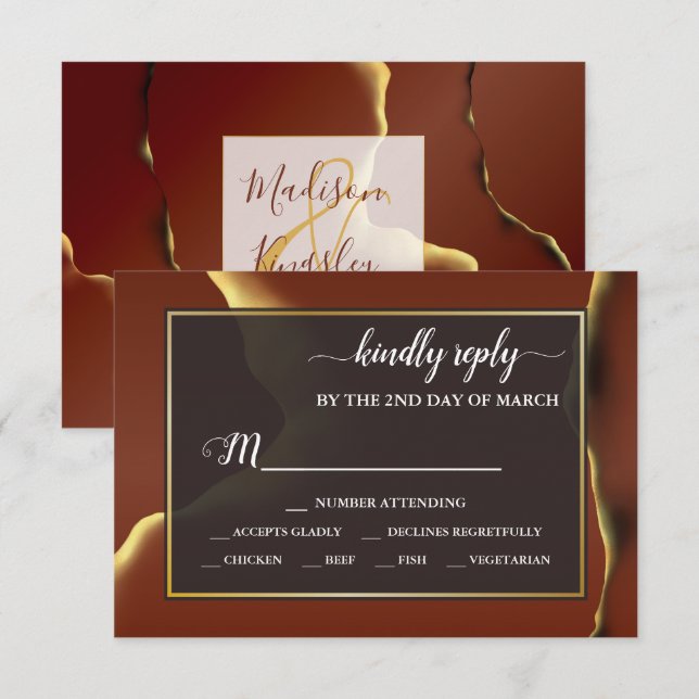 🤵 Burgundy Gold Elegant Inky Abstract Wedding   RSVP Card (Front/Back)