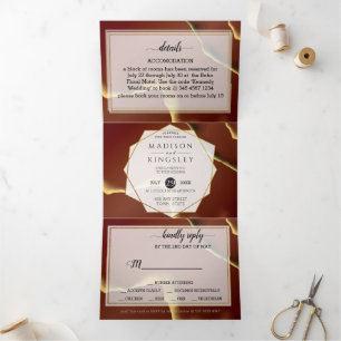 Burgundy Gold 🌿 Elegant Inky Abstract Wedding Tri-Fold Invitation