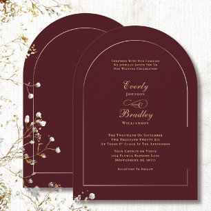 Burgundy Gold Elegant Minimal Arched Wedding Invitation