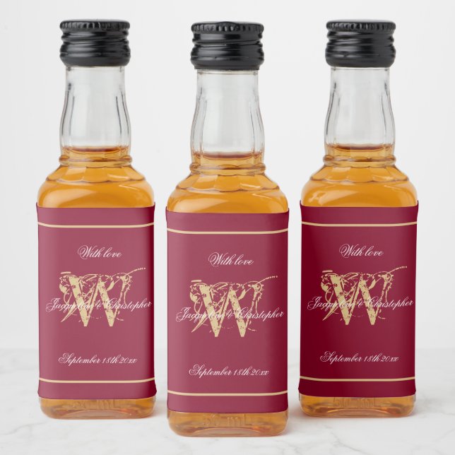 Burgundy & Gold Elegant Monogram Chic Wedding Mini Liquor Bottle Label (Bottles)