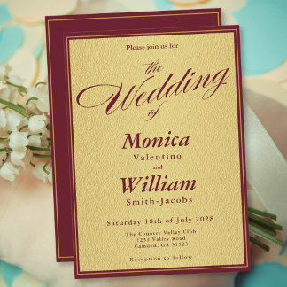 Burgundy Gold Elegant Script Wedding  Invitation