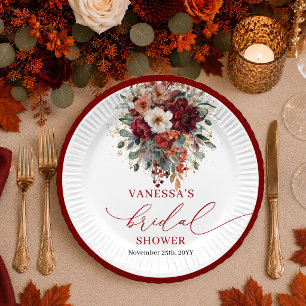 Burgundy Gold eucalyptus autumn bridal shower plat Paper Plate