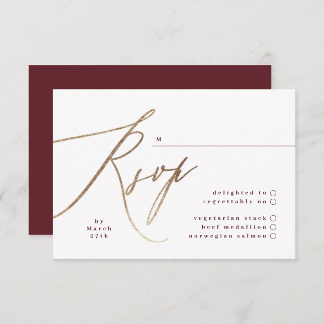 Burgundy & Gold Fall Calligraphy Wedding RSVP Card (Front/Back)