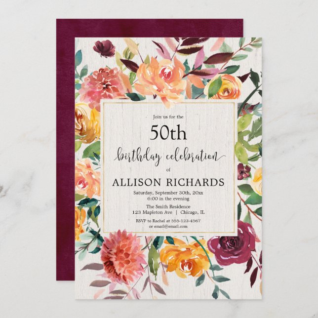 Burgundy gold fall floral adult birthday party invitation (Front/Back)