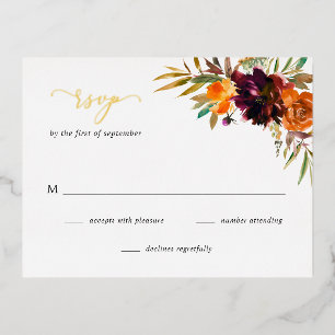 Burgundy Gold Fall Floral Rustic Wedding RSVP Card