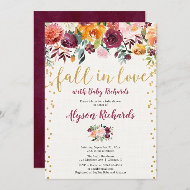 Burgundy gold fall in love floral baby shower invitation (Front/Back)