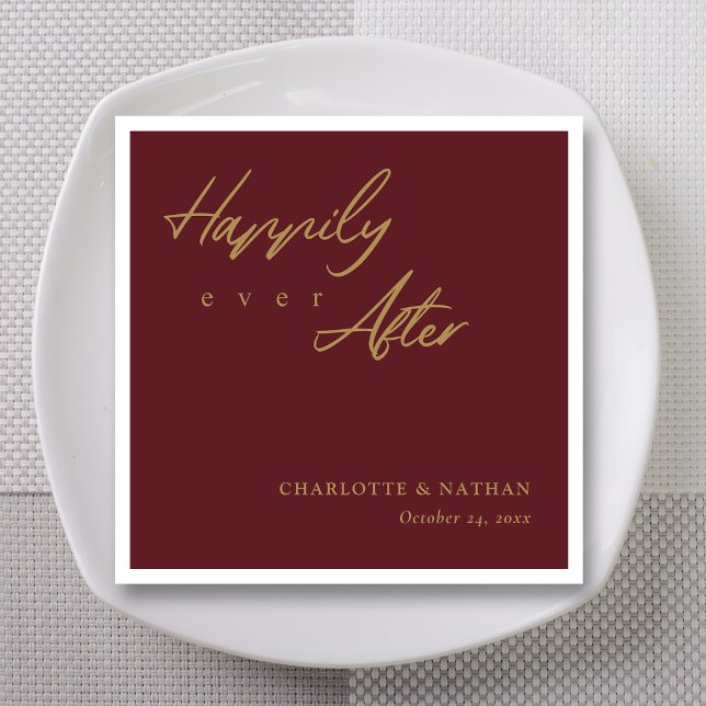 Burgundy Gold Fall Wedding Napkin (Gold script "Happily Ever After" wedding napkins on burgundy background, custom personalization)