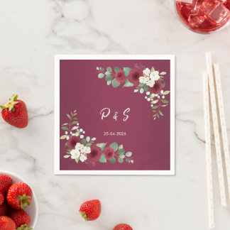 Burgundy Gold Fall Winter Garden Wedding Cocktail Napkin