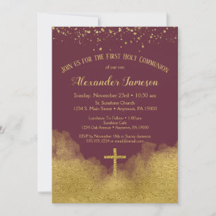 Burgundy Gold First Holy Communion Invitation