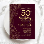 Burgundy Gold Floral 50th Birthday Party Invitation<br><div class="desc">Burgundy Gold Floral 50th Birthday Party Invitation. Minimalist modern maroon design featuring botanical outline drawings accents,  faux gold foil and typography script font. Simple trendy invite card perfect for a stylish female bday celebration. Can be customised to any age. Printed Zazzle invitations or instant download digital printable template.</div>