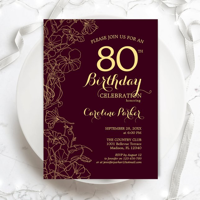 Burgundy Gold Floral 80th Birthday Party Invitation (Creator Uploaded)