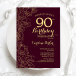 Burgundy Gold Floral 90th Birthday Party Invitation<br><div class="desc">Burgundy Gold Floral 90th Birthday Party Invitation. Minimalist modern maroon design featuring botanical outline drawings accents,  faux gold foil and typography script font. Simple trendy invite card perfect for a stylish female bday celebration. Can be customised to any age. Printed Zazzle invitations or instant download digital printable template.</div>