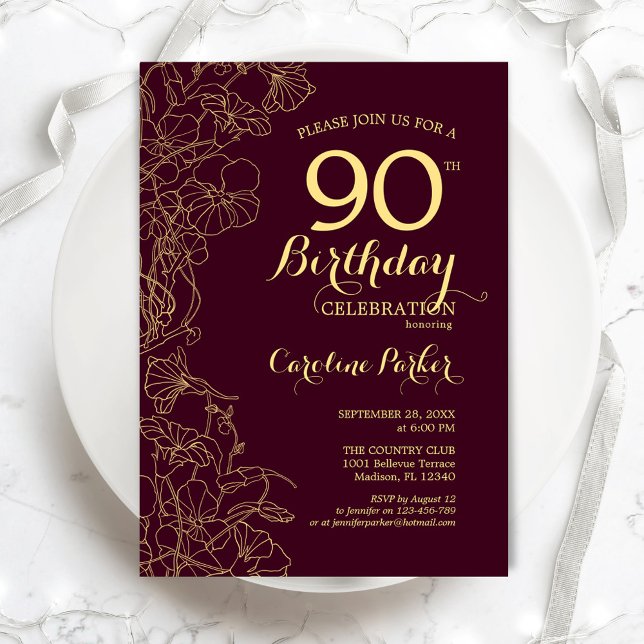 Burgundy Gold Floral 90th Birthday Party Invitation (Creator Uploaded)