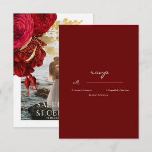 Burgundy Gold Floral Arch Photo Wedding RSVP Card