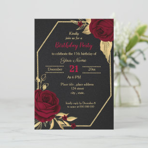 burgundy gold floral black birthday party invitation