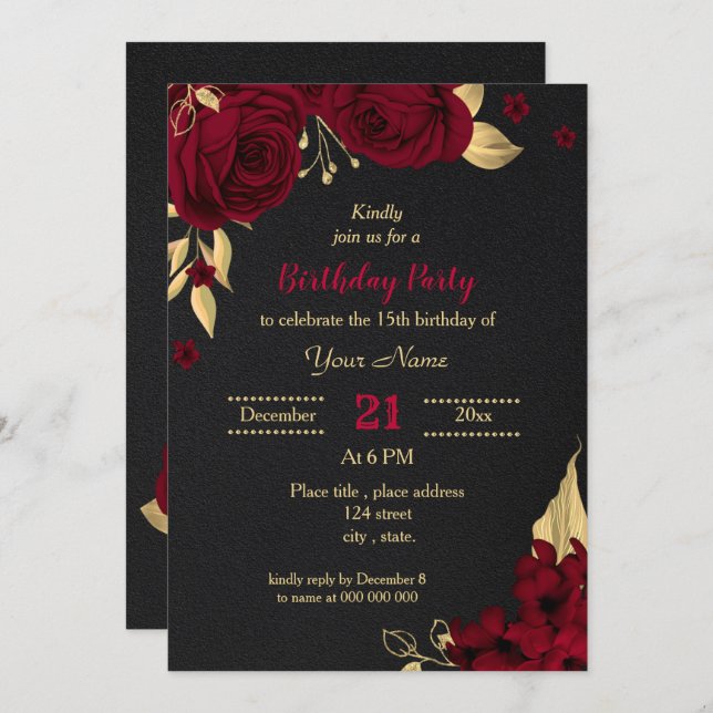 burgundy gold floral black birthday party invitation (Front/Back)