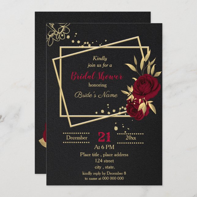 burgundy gold floral black bridal shower invitation (Front/Back)