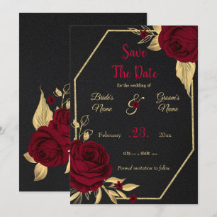 burgundy & gold floral black geometric save the da date