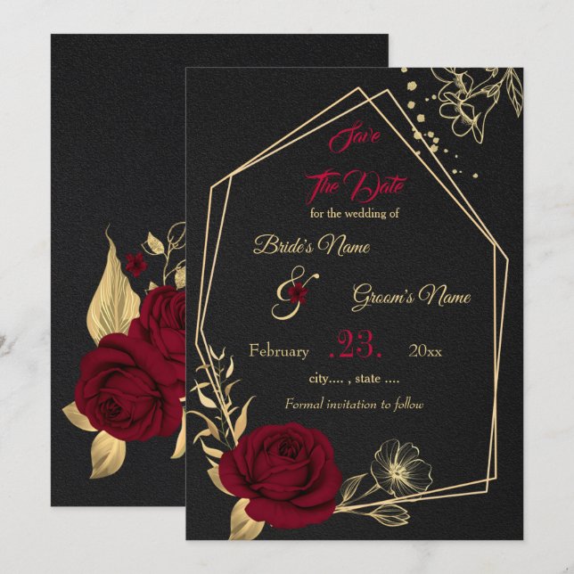 burgundy & gold floral black geometric save the date (Front/Back)