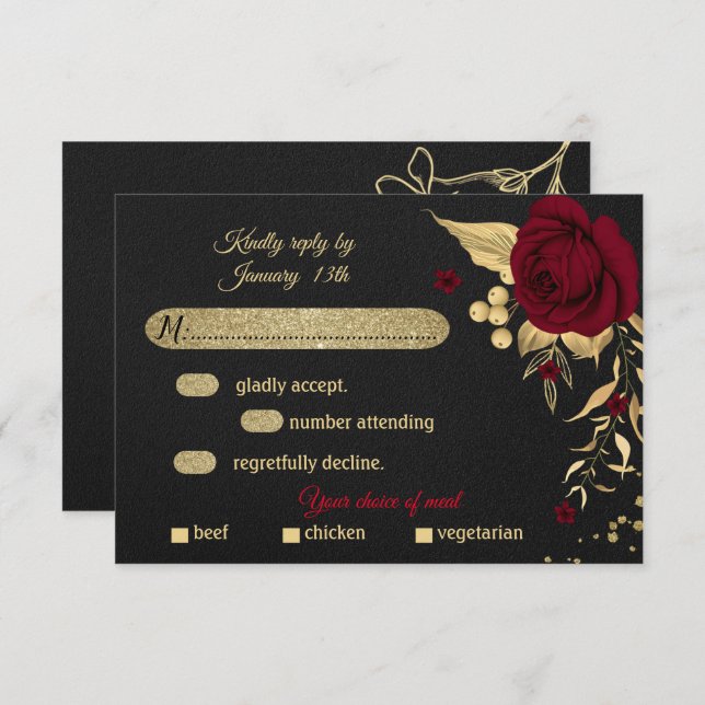burgundy gold floral black meal choice RSVP card (Front/Back)