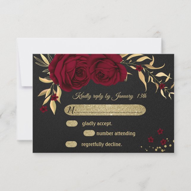 burgundy gold floral black RSVP card (Front)