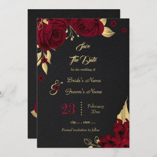 burgundy & gold floral black save the date