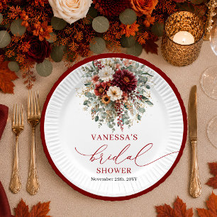 Burgundy Gold floral boho autumn bridal shower Paper Plate