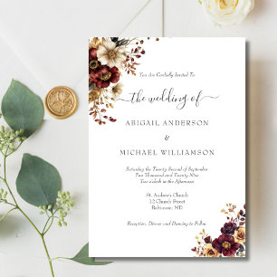 Burgundy Gold Floral Botanical Elegant Wedding Invitation
