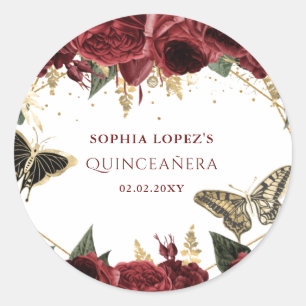 Burgundy Gold Floral Butterflies Quinceanera   Classic Round Sticker