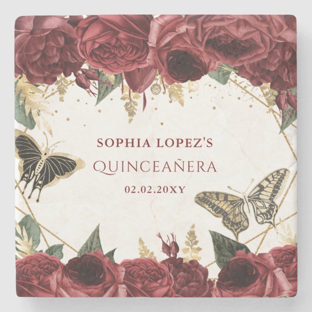 Burgundy Gold Floral Butterflies Quinceanera    Stone Coaster (Front)