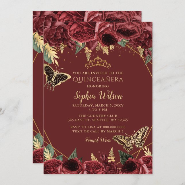Burgundy Gold Floral Butterfly Quinceañera Quince  Invitation (Front/Back)